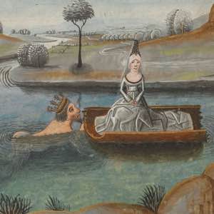 The Escape of Camilla in a boat, with her father, the king, swimming behind, pushing the boat (Add MS 20698 f064v, British Library) .#medieval #manuscript #illuminated